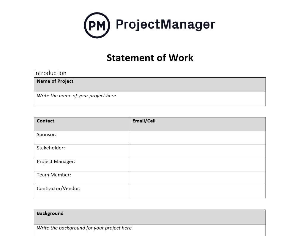 Statement of work template for Word