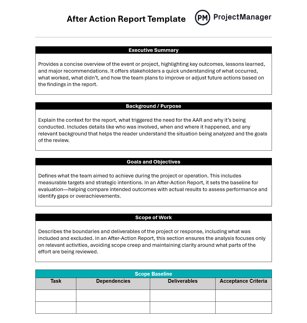 ProjectManager's free after action report template for Word