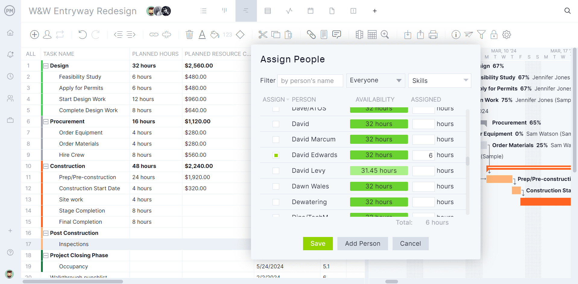 ProjectManager's Gantt chart allows users to allocate and schedule resources