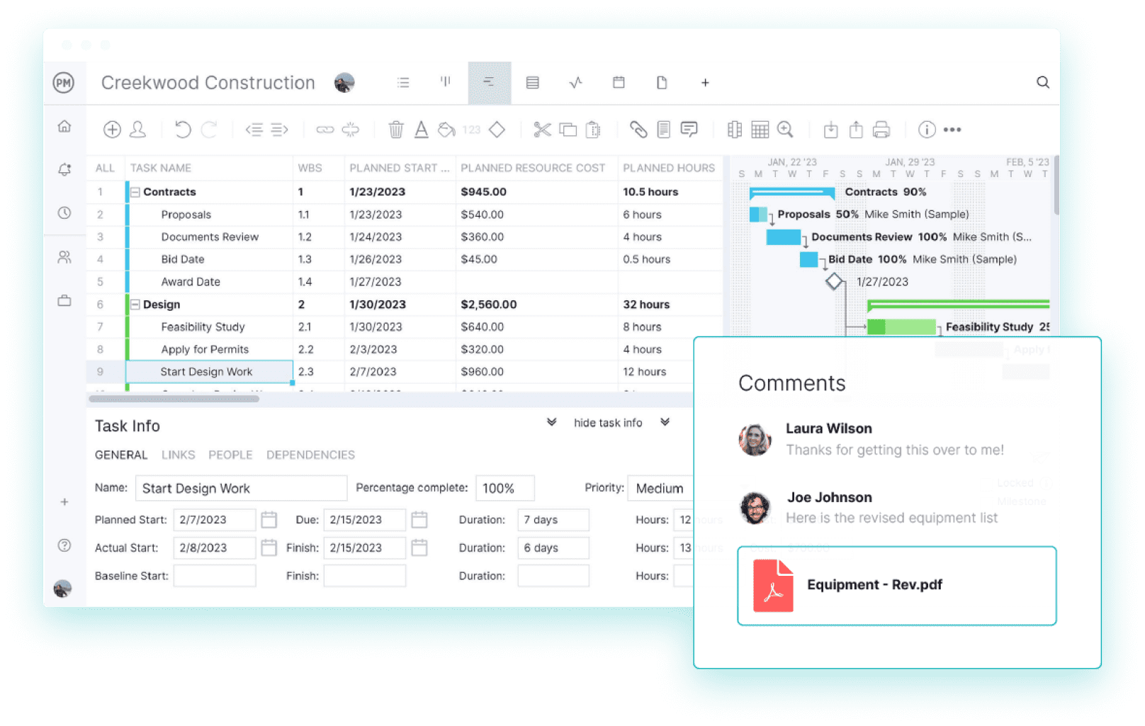 Storing construction documents on a Gantt chart