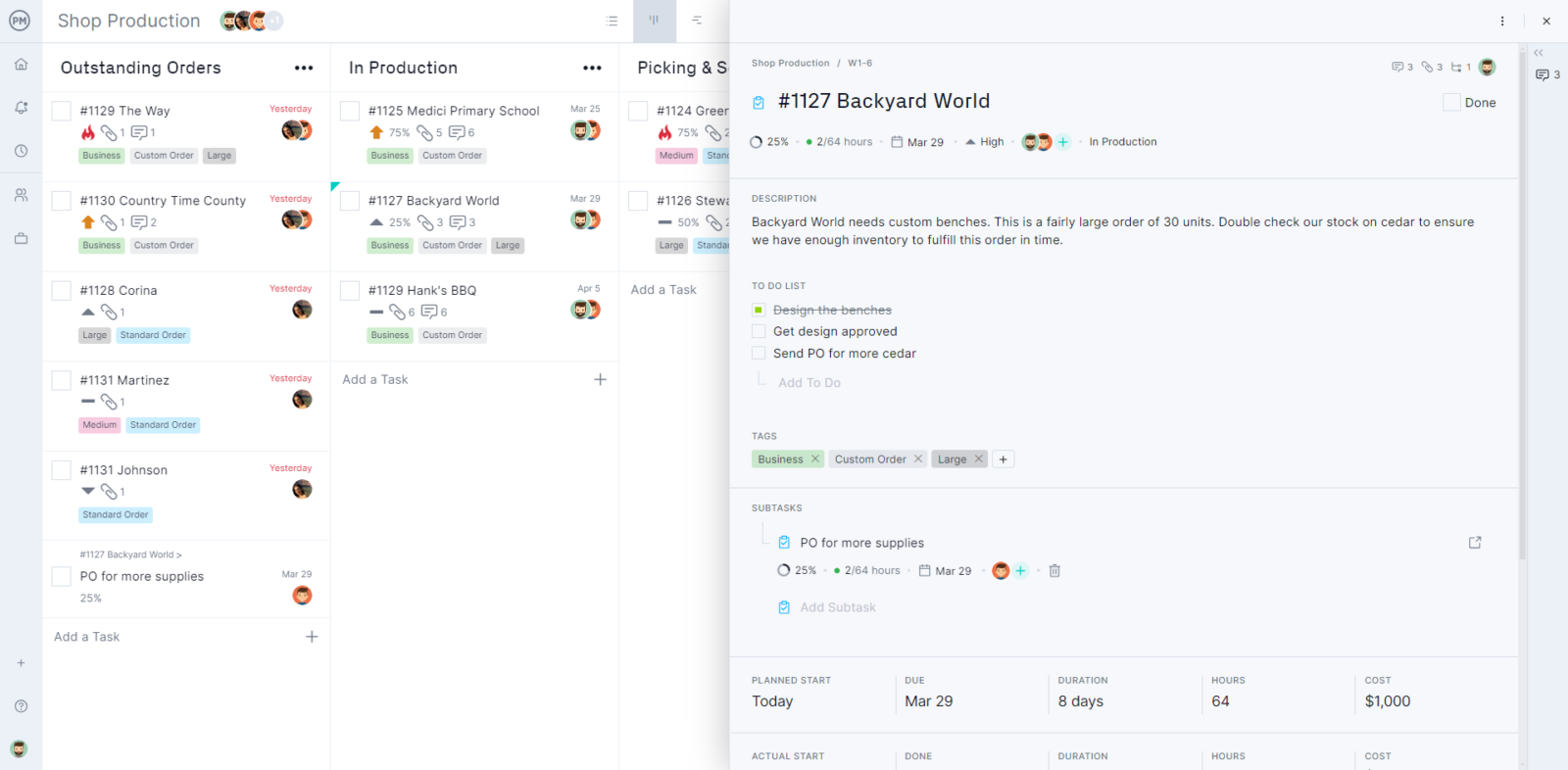 Kanban board with task card open in ProjectManager