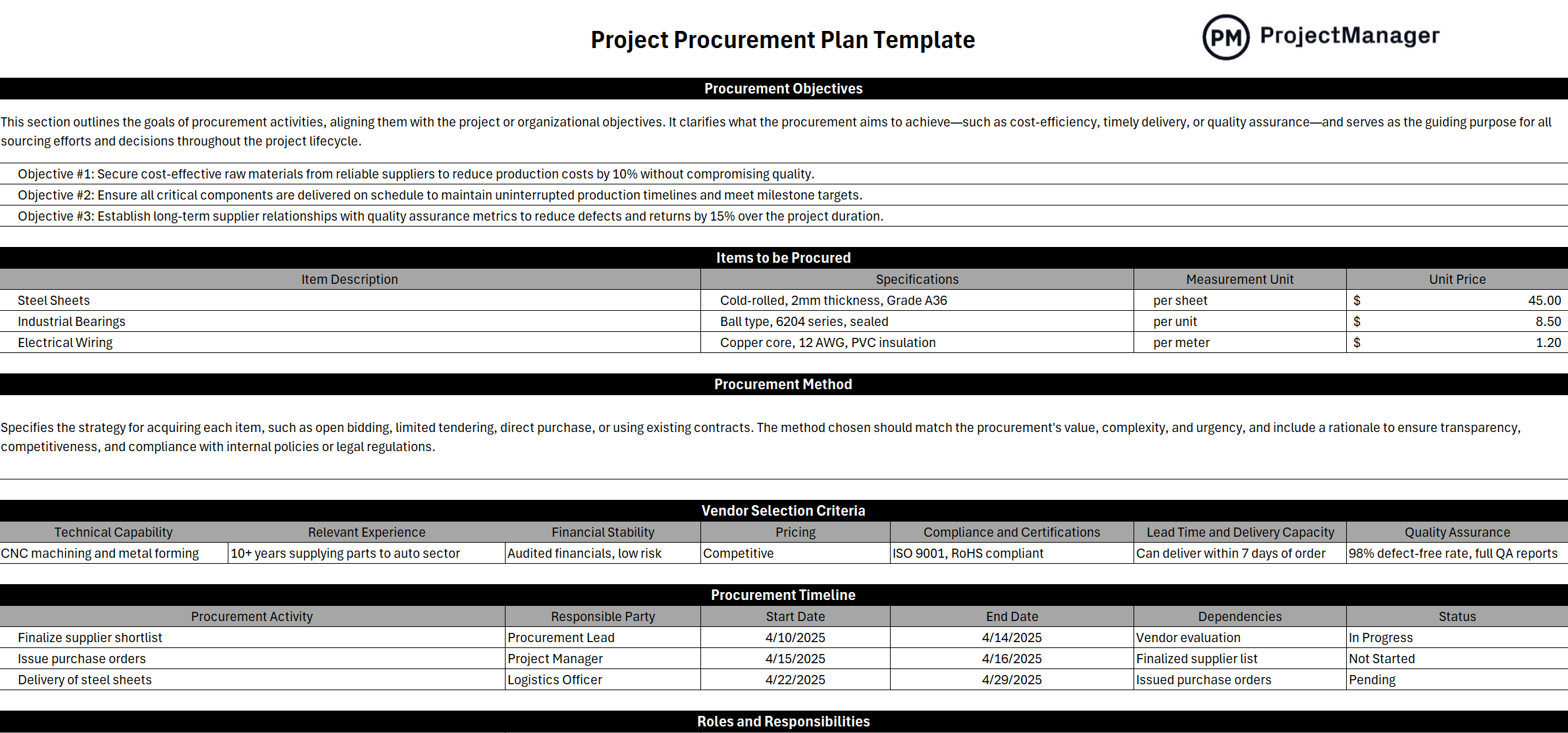 ProjectManager's free procurement plan template for Excel