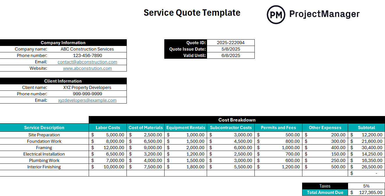 ProjectManager's free service quote template for Excel