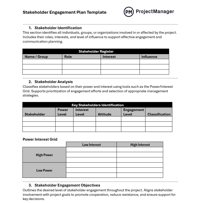 Stakeholder engagement plan template from ProjectManager 