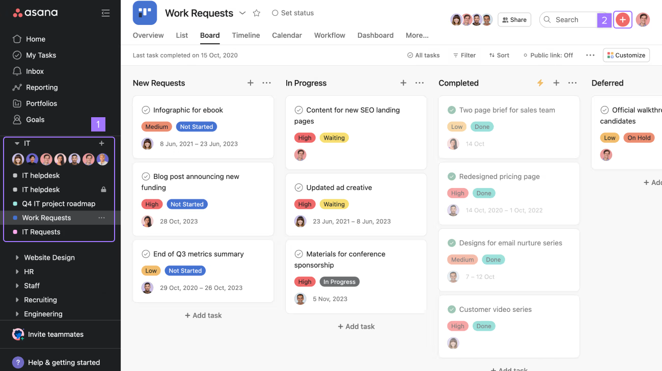 Asana kanban board, makes it one of the best Monday.com alternatives for team management
